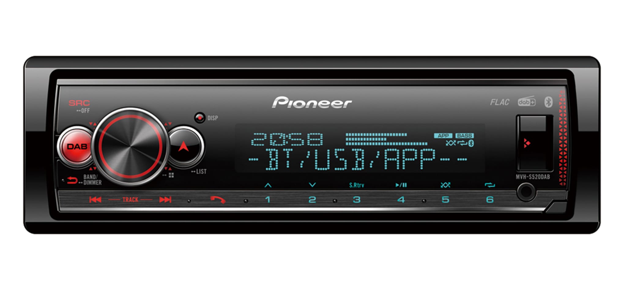 MVH-S520DAB PIONEER MVH-S520DAB Autoradio DAB/DAB+, Bluetooth, Spotify,  USB, multi colour, illumination, 1 DIN, Made for iPhone, Android, AOA 2.0,  LCD, 14.4V, MP3, WMA, WAV, FLAC, AAC MVH-S520DAB ❱❱❱ prix et expérience